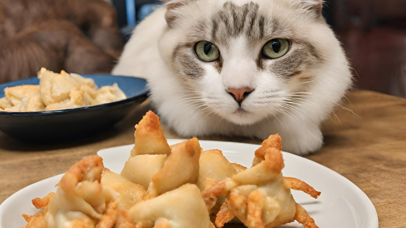 The cat looks at the finished one Crab Rangoon photo 2