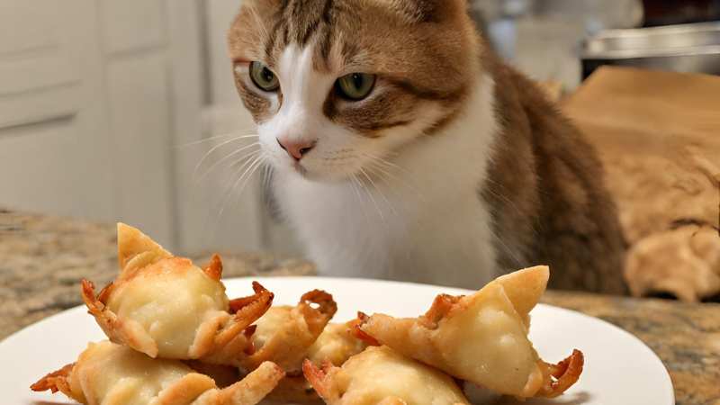 The cat looks at the finished one Crab Rangoon photo
