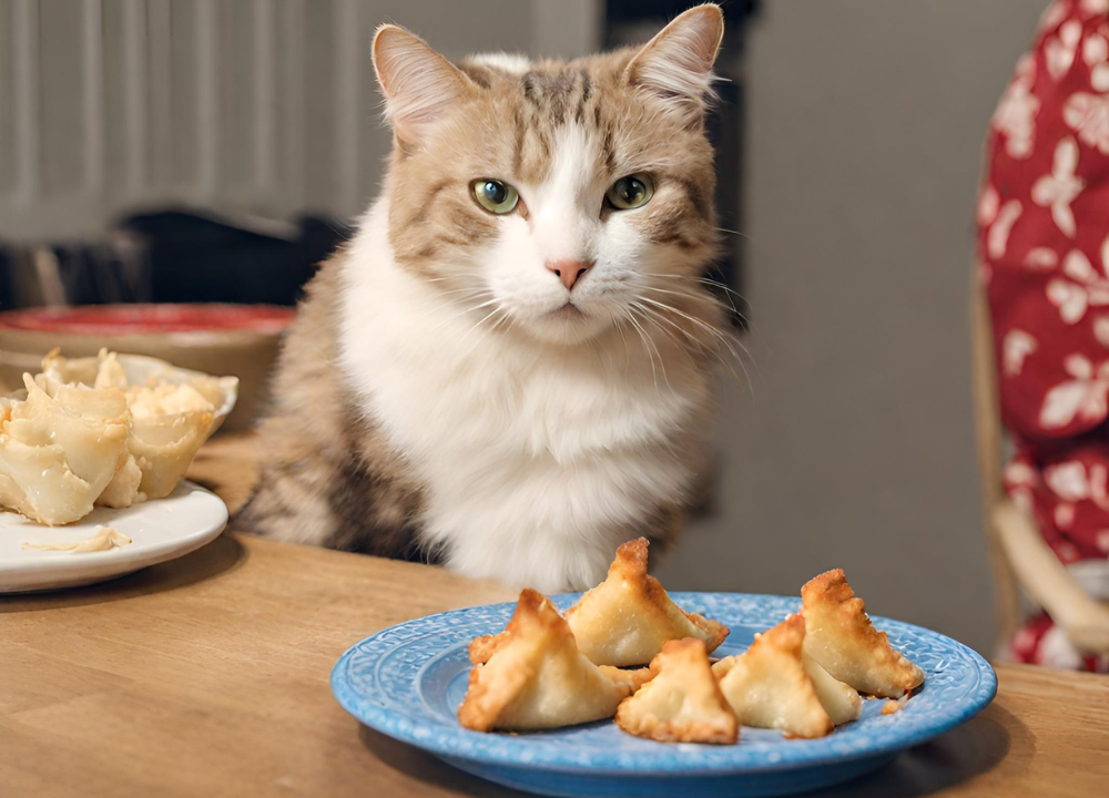 The cat looks at the finished one Crab Rangoon
