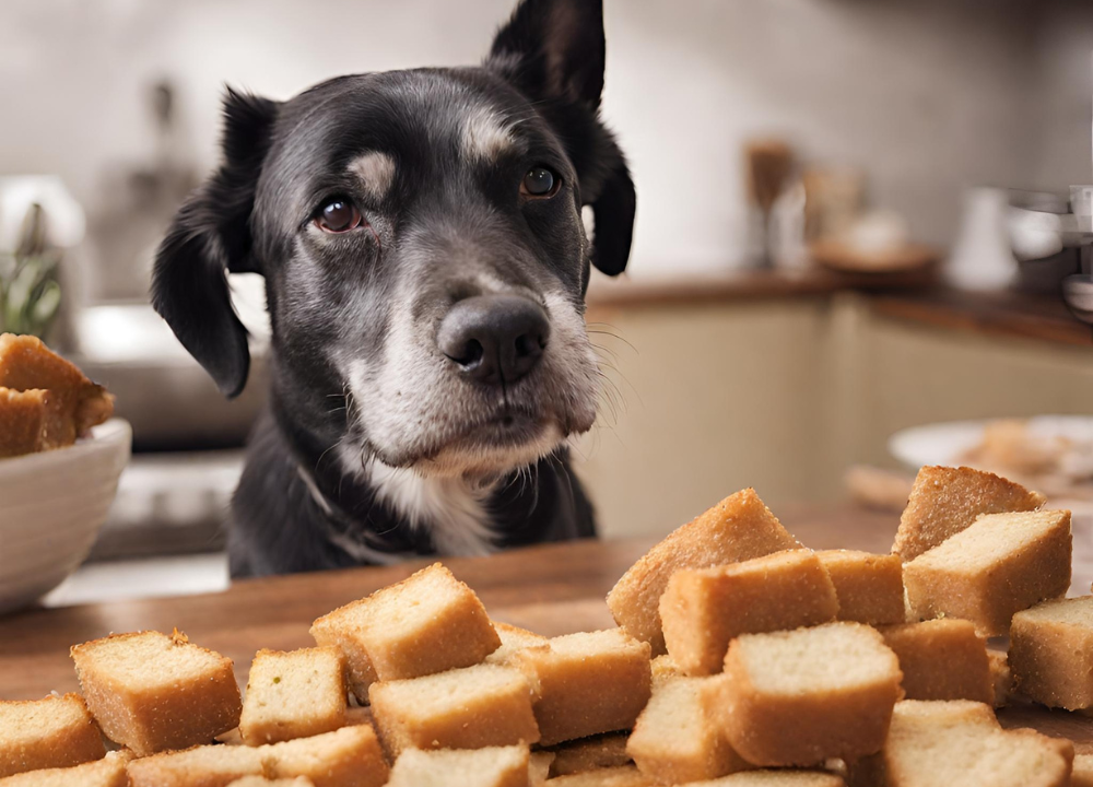The dog looks at the Croutons photo