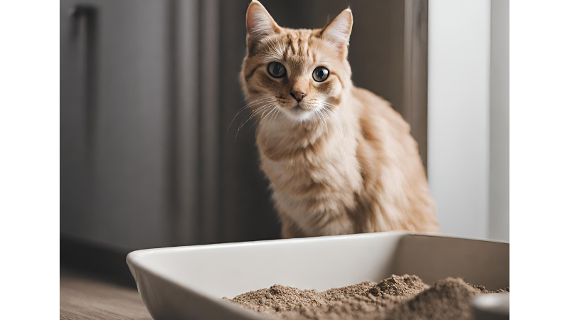 cat looking at the litter box photo 