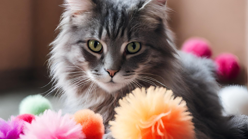 the cat looks at Pom Poms photo 1